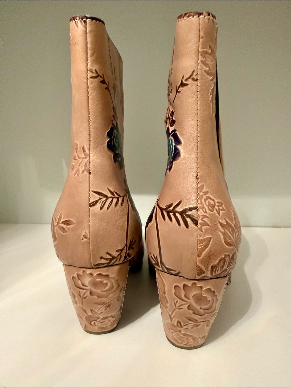 L’artiste Women's Blush Floral Embossed Ankle Boots with Teal Accents - Picture 2 of 5